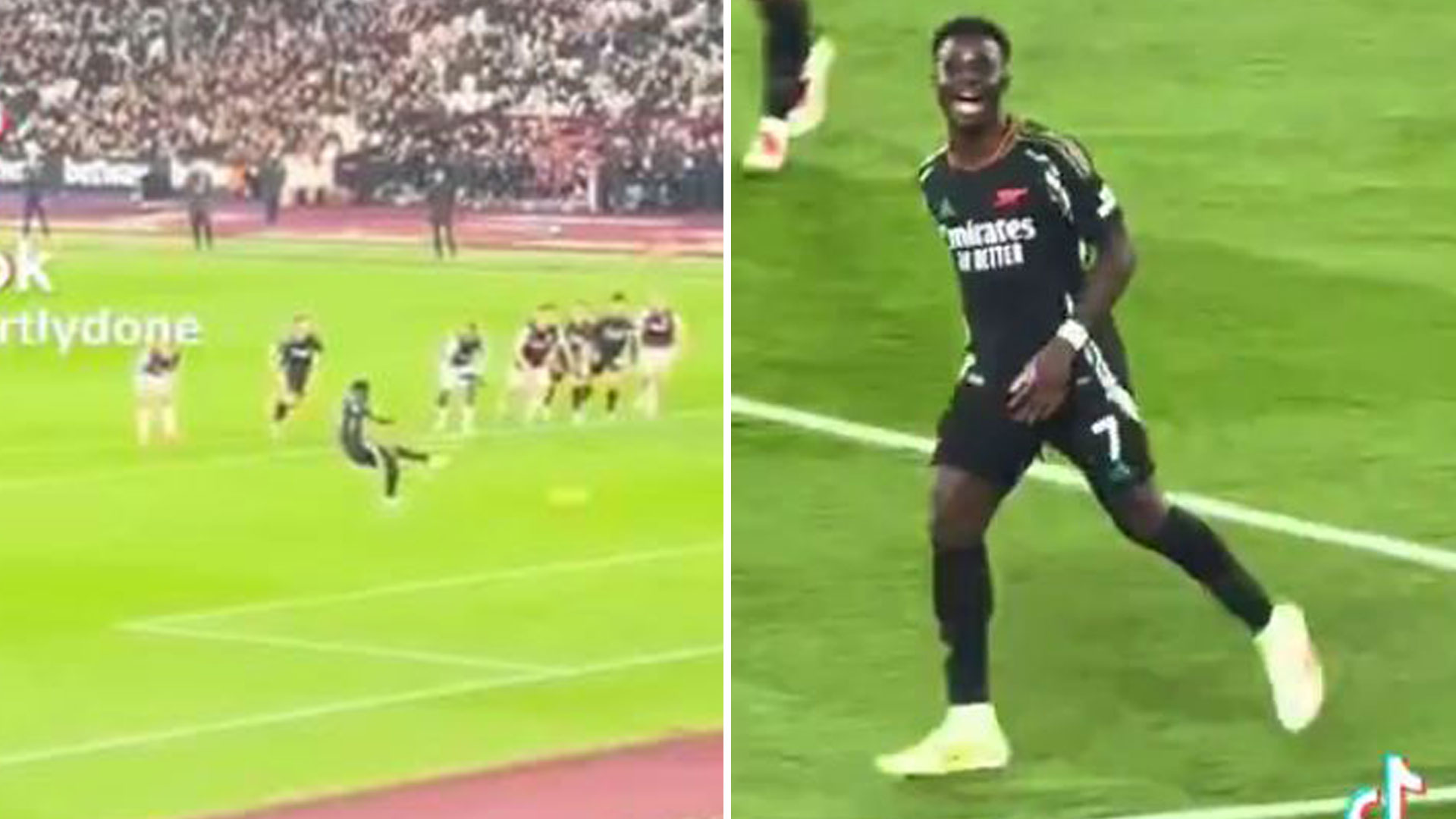 Bukayo Saka appears to laugh 'out loud' at West Ham supporters as Arsenal fans say 'love the new villain arc'