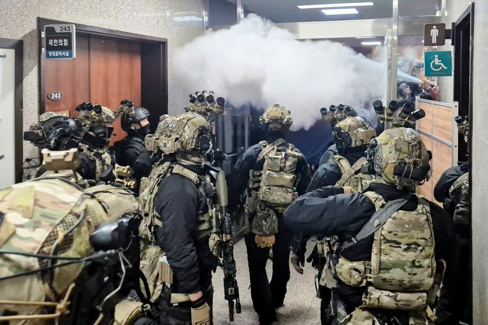 Parliamentary officials sprayed special forces soldiers storming the Korean parliament with fire extinguishers