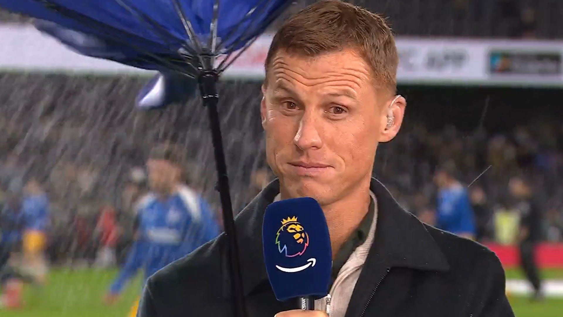 Watch hilarious moment Steve Sidwell ‘almost turns into Mary Poppins’ as Storm Darragh plays HAVOC with his umbrella