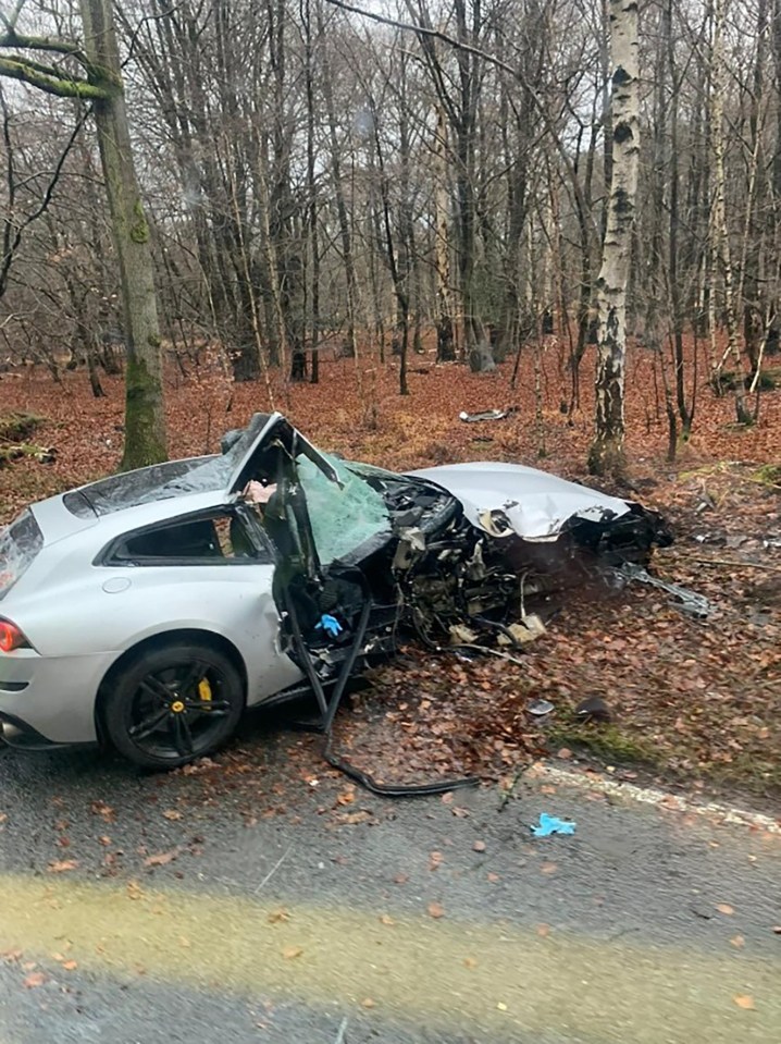 Photographs at the scene show extensive damage to the front of the Ferrari