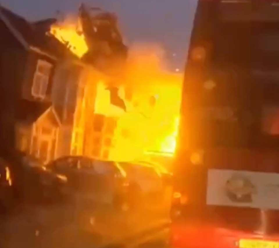 A terraced house had its roof blown off and flames engulfed the first floor