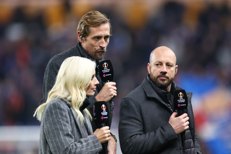 Hutton (right) was back at Ibrox on Thursday with TNT Sports