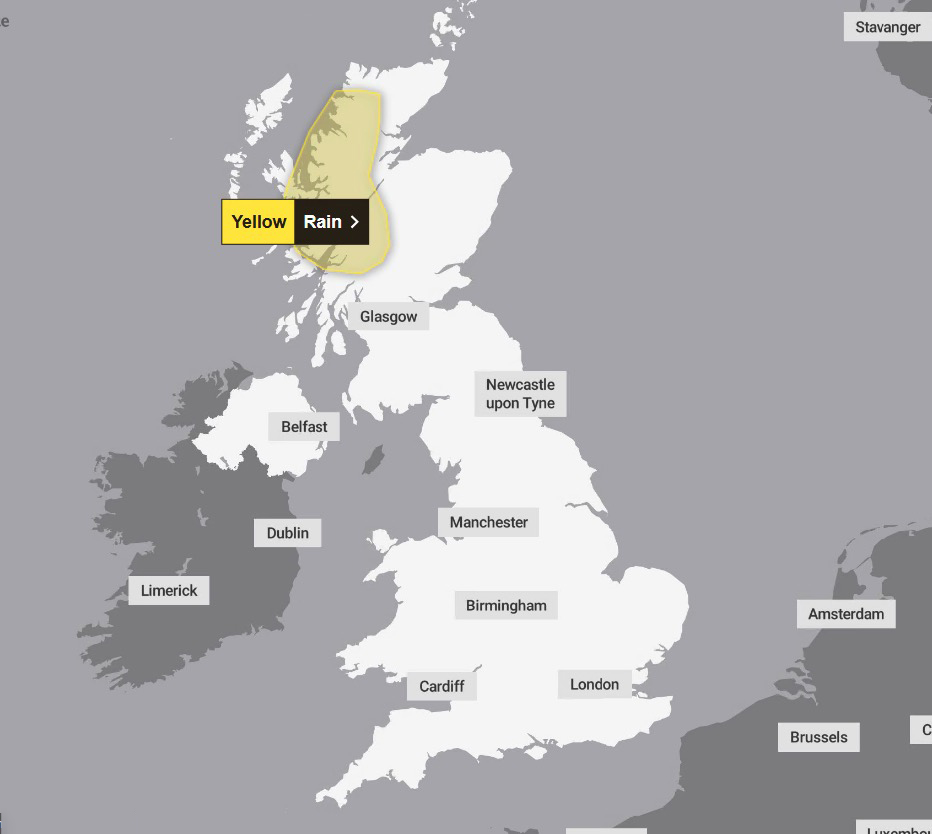 Yellow weather warnings for rain are in place from 6pm tomorrow until 12pm on Tuesday