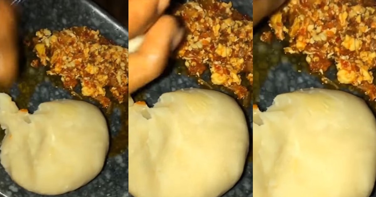 "I will try this combo" – Woman consumes egg sauce with swallow in absence of rice (WATCH)