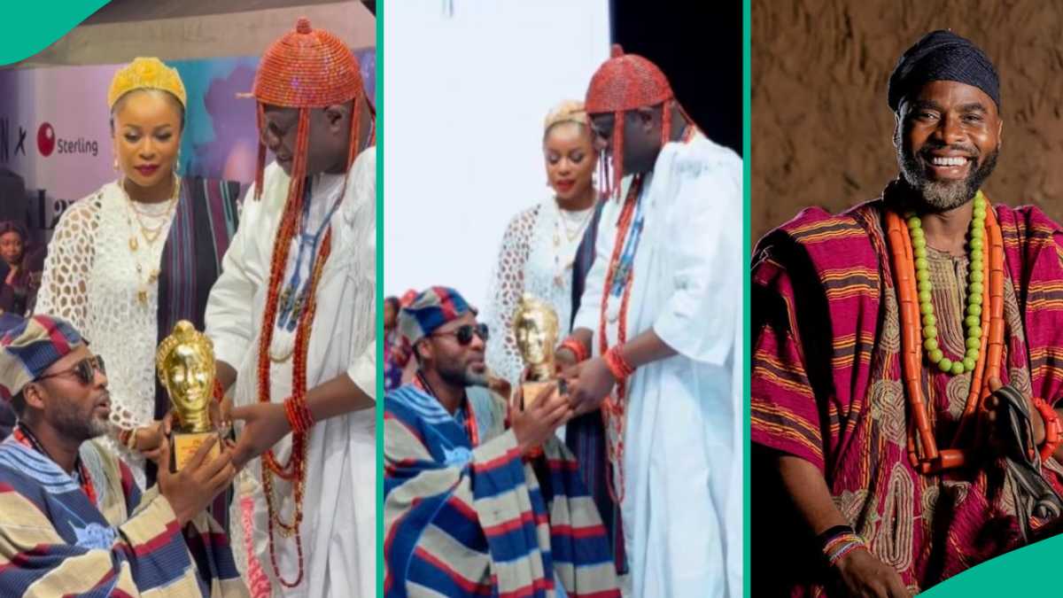 Historical Moment As Ooni of Ife Presents Award to Ibrahim Chatta in Lagos, Actors Kneels in Video