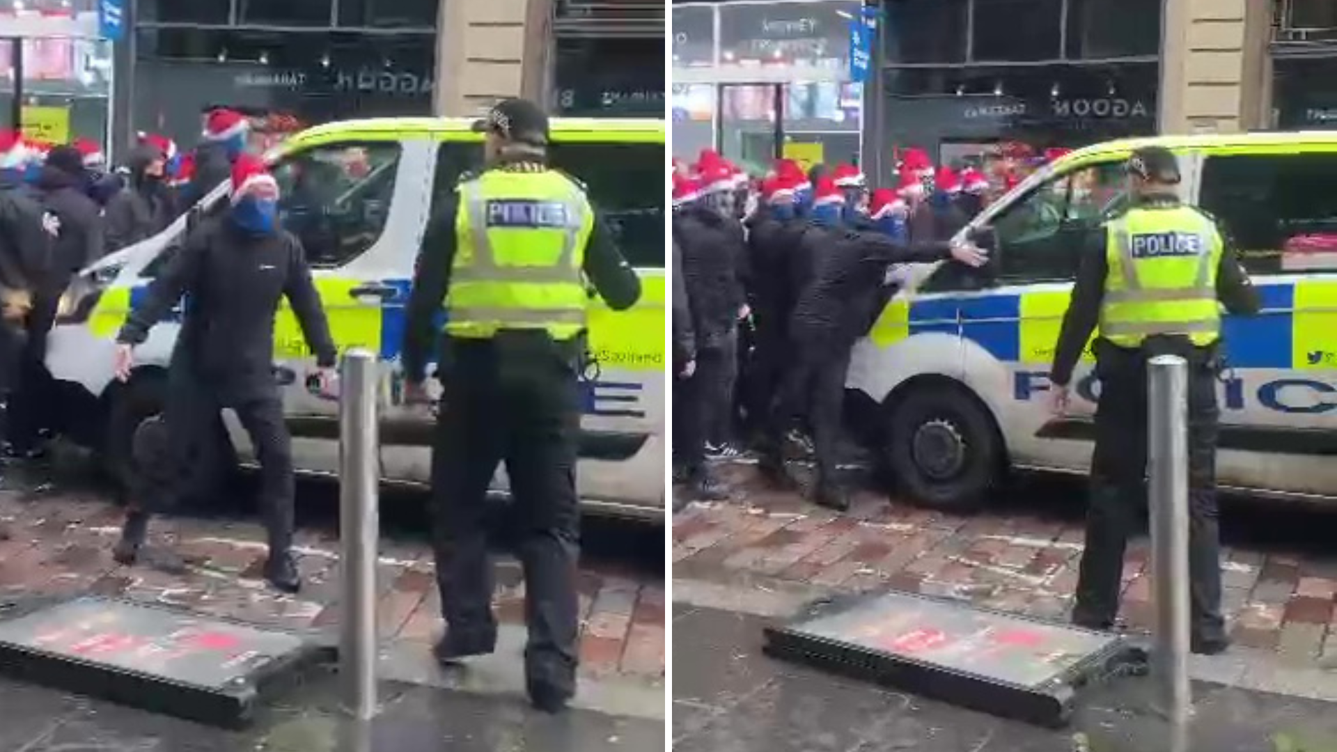 Masked Rangers fan squares up to police before punching van as huge group of ultras in SANTA HATS march to Celtic game