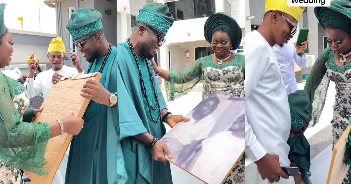 "This is insens!tive" – Online viewers react as bride gifts groom a frame of his latǝ mother on wedding day (WATCH)