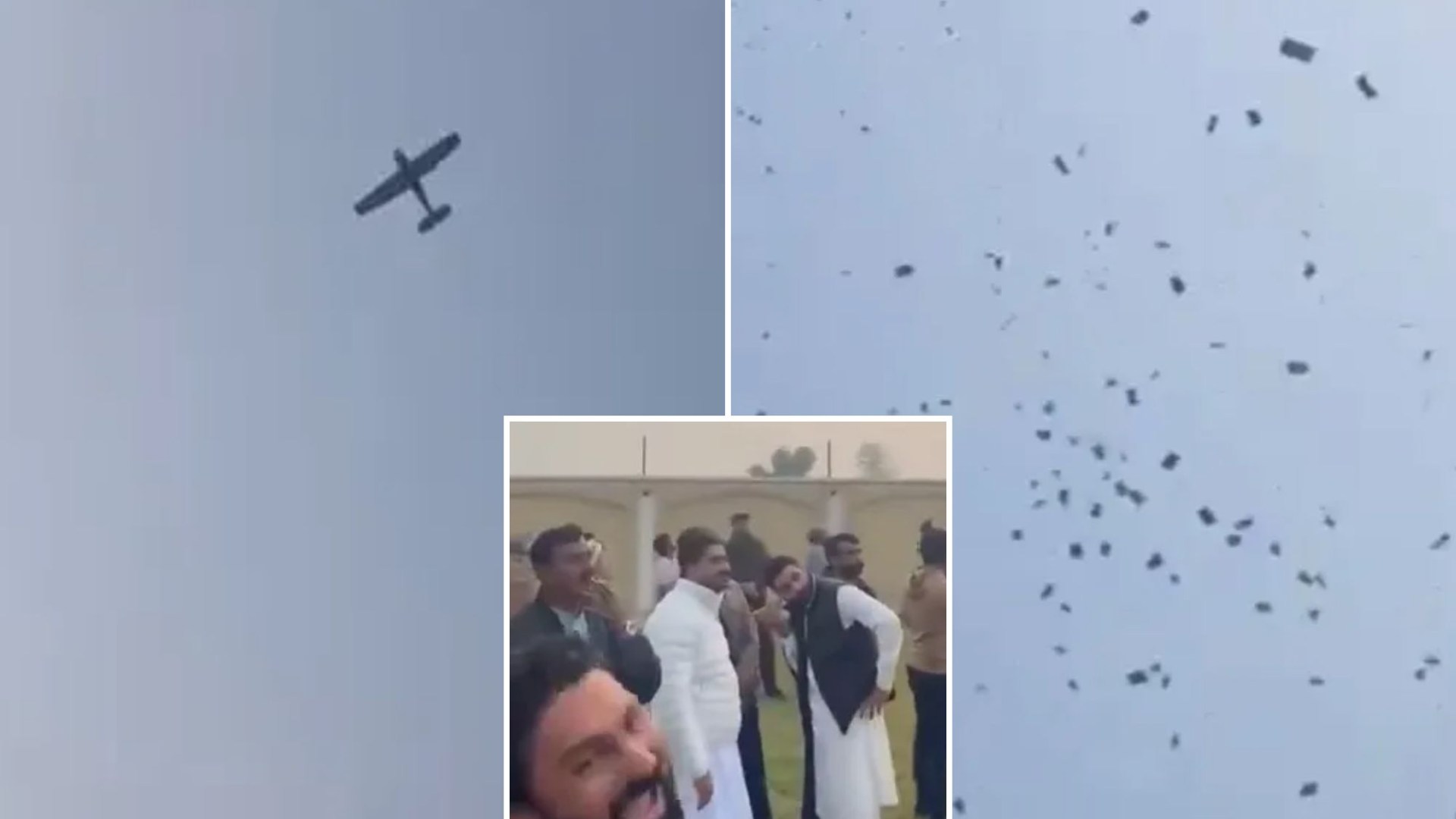 Watch incredible moment groom’s dad showers wedding guests with CASH dropped from private plane as it soars over party