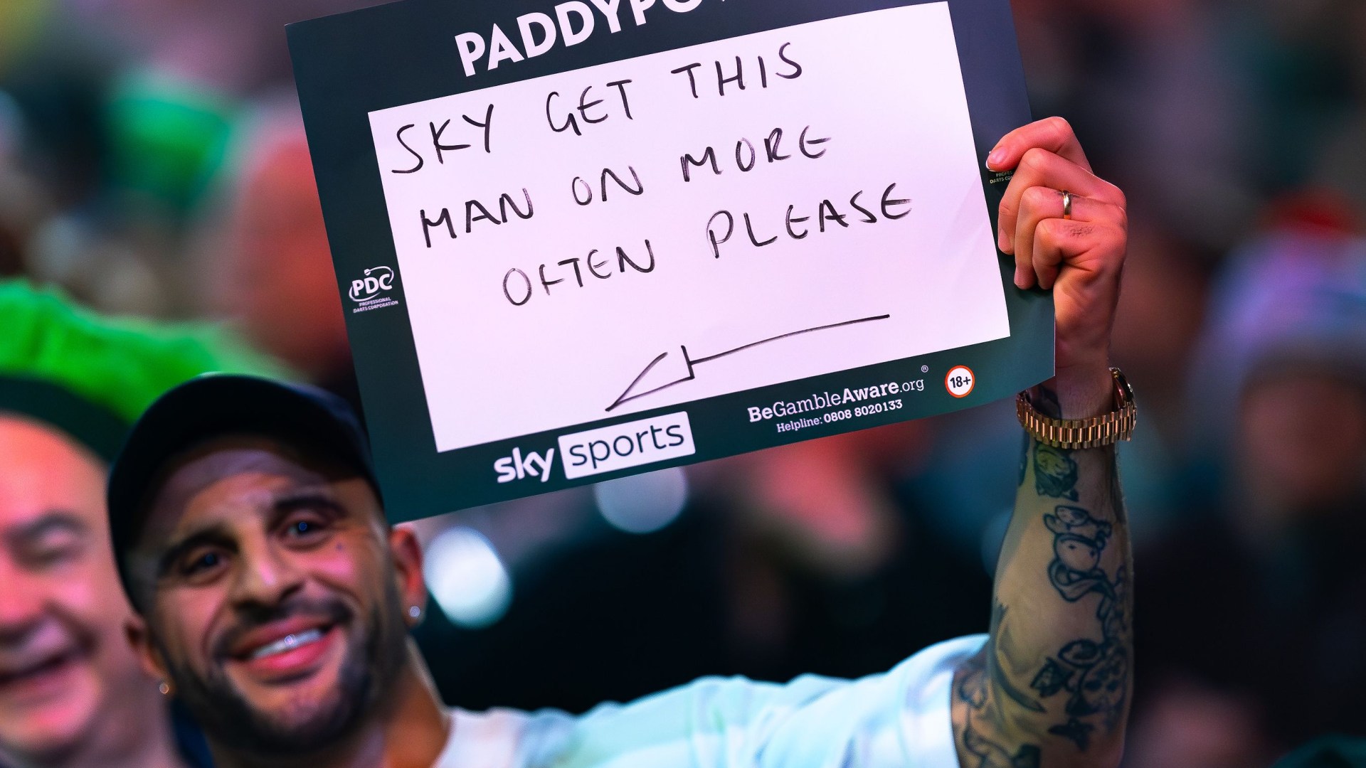 Kyle Walker tells Sky Sports 'get this man on more often' as he sits next to ex-Prem star at world Darts Championship