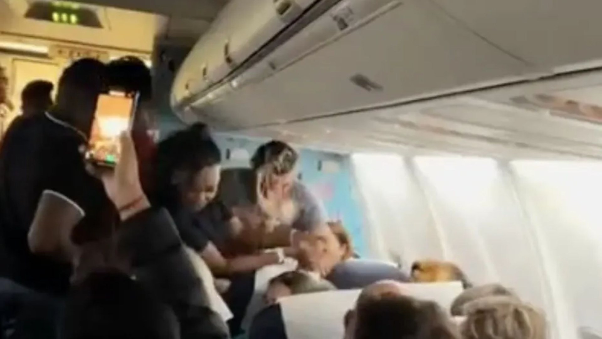 Moment female plane passenger throws her drink at stewardess before tossing her wig and attacking other travellers