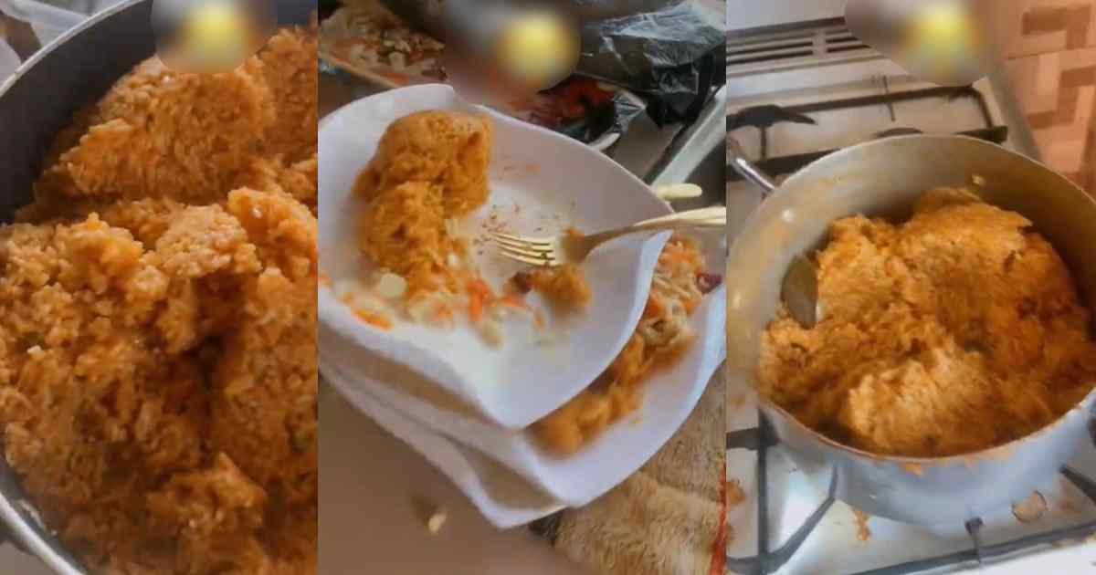 "Christmas jollof rice went wr0ng at in-laws place" – Woman shows off large quantity of leftovers after Christmas meal turned soggy (WATCH)