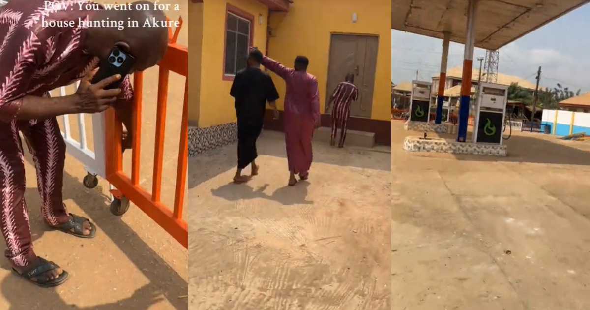 Man in disbeli!ef as house agent takes him to a fueling station in search of an apartment in Akure (WATCH)