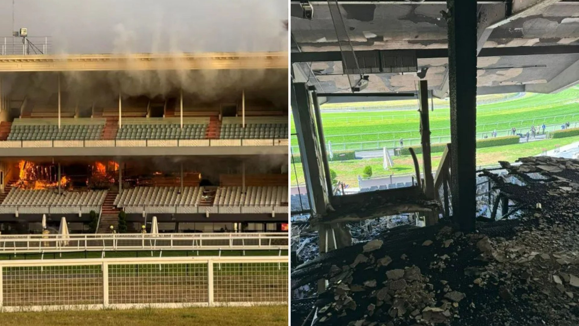 Man arrested after 'suspicious' fire engulfs one of world's most famous racecourses with 60 firefighters tackling blaze