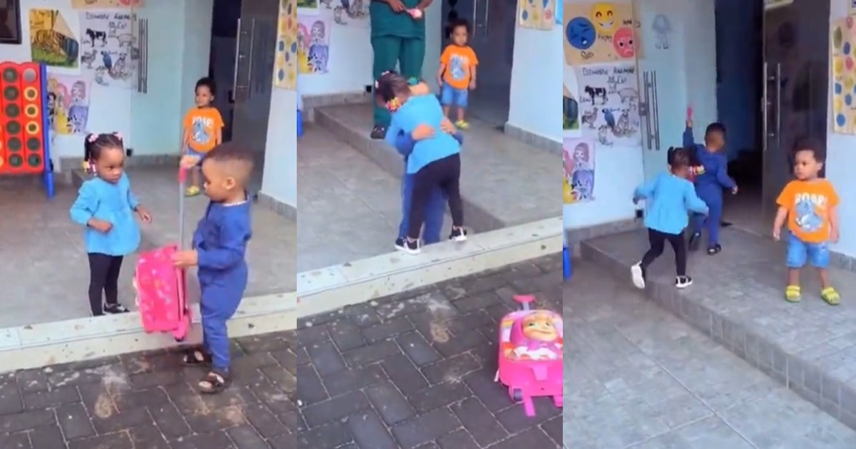 "This boy is more Loving and Caring than some matured men" – Little boy warms hearts as he embraces and assists his classmate with her bag on their first day of school (WATCH)