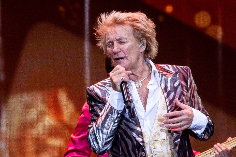 Rod Stewart performing on stage.