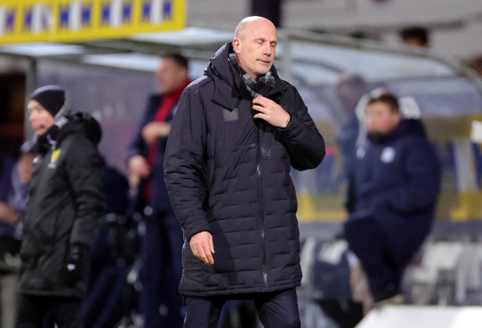 Rangers manager Philippe Clement reacts at a soccer match.