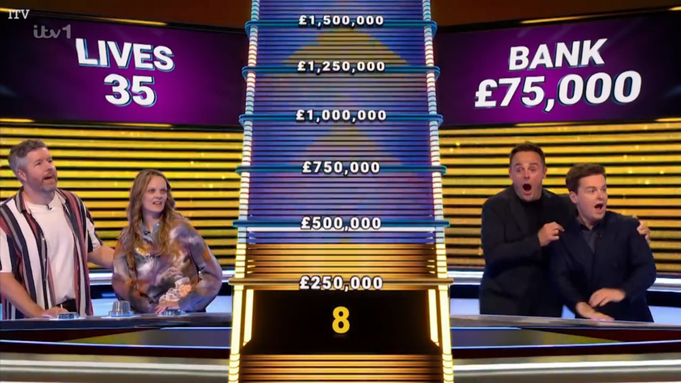 Screenshot of a game show with contestants and a prize board showing £75,000 in the bank and 35 lives remaining.