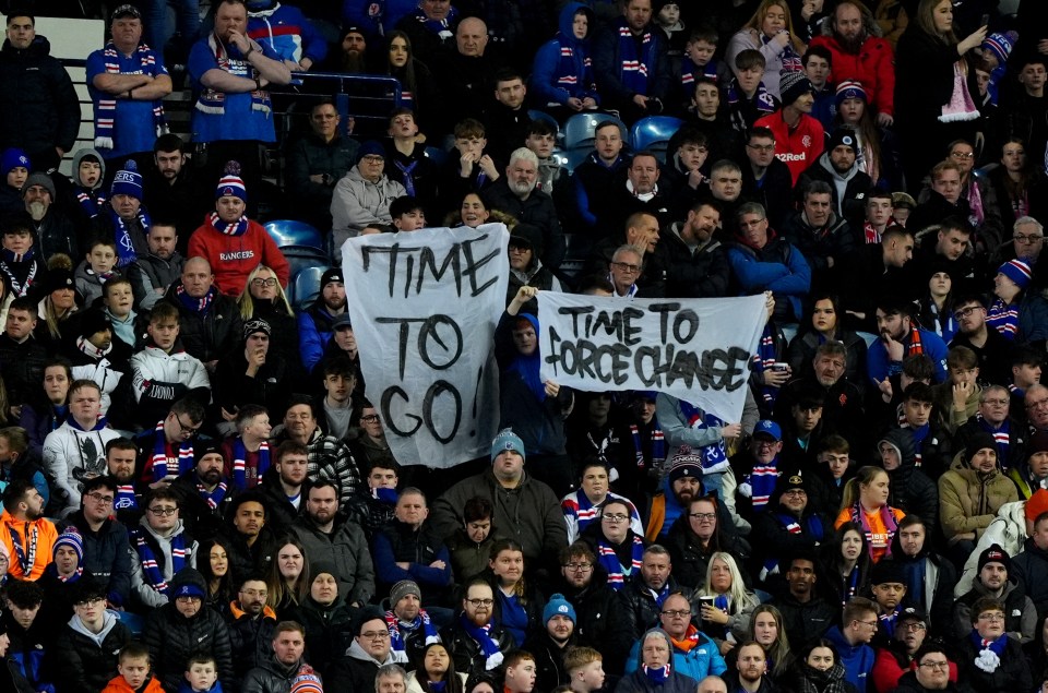 Rangers fans holding banners that read "Time To Go!" and "Time To Force Change".