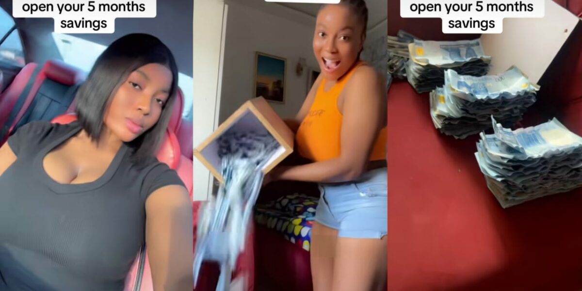 Lady stuns social media by flaunting cash after opening 5-month savings box